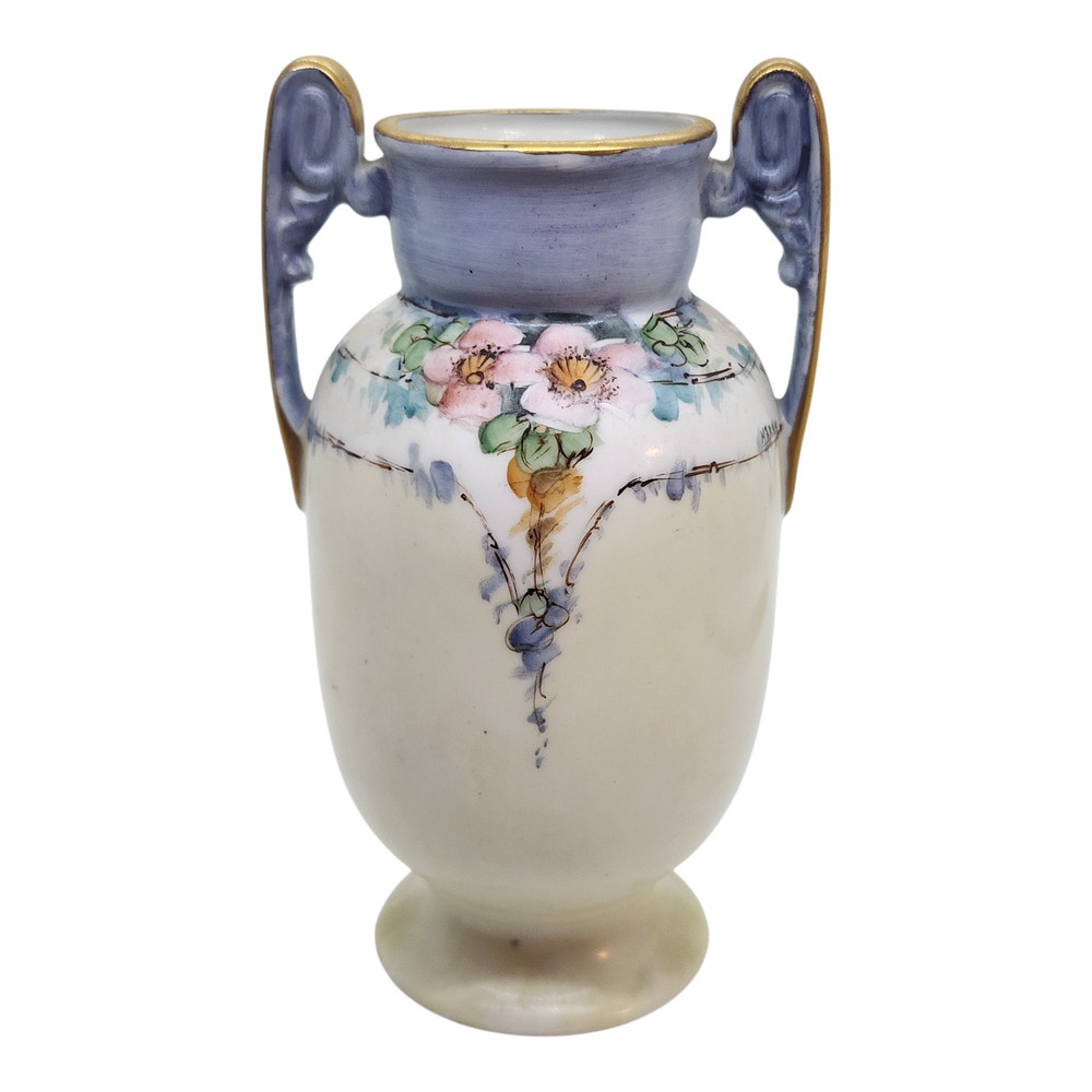 Antique Nippon Noritake Hand Painted Floral Vase Gold Trim Twin Handle 6"